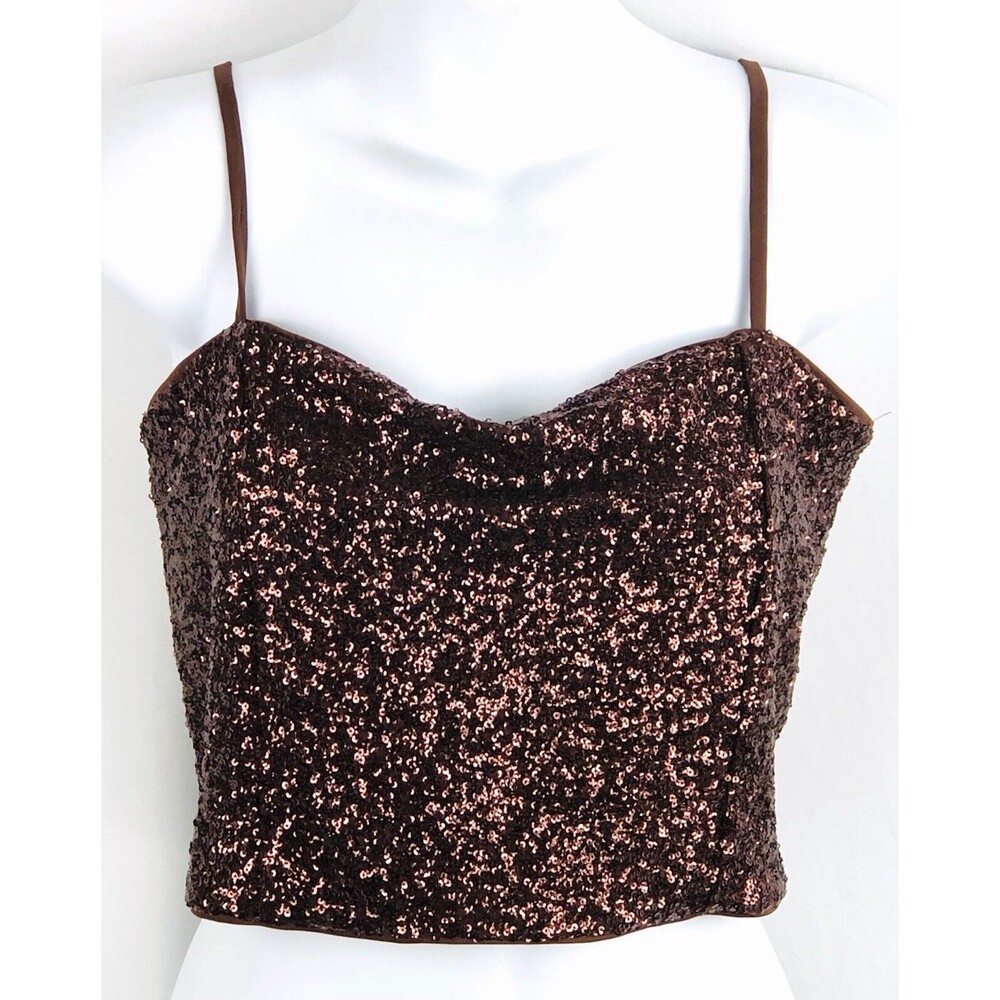 NWT cropped tank top L brown sequin glitter strappy disco 90s Y2K club Punk Glam